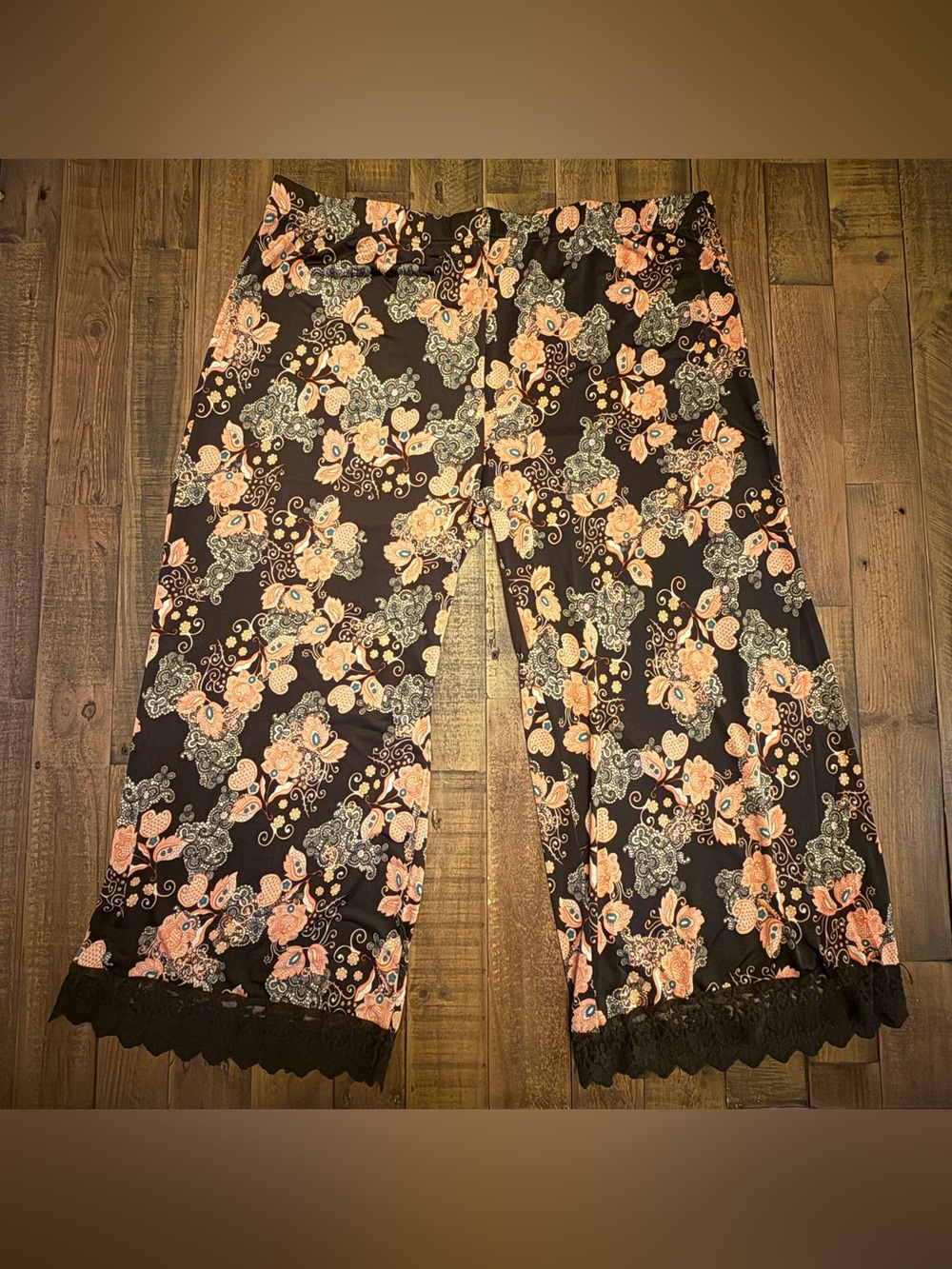 Sassy Bling Women’s 2XL Boho Floral Wide Leg Palazzo Pants Lace Hem Stretch